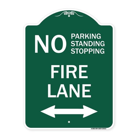 SIGNMISSION No Parking Standing or Stopping Fire Lane with Bidirectional Arrow, Green & White, GW-1824-23613 A-DES-GW-1824-23613